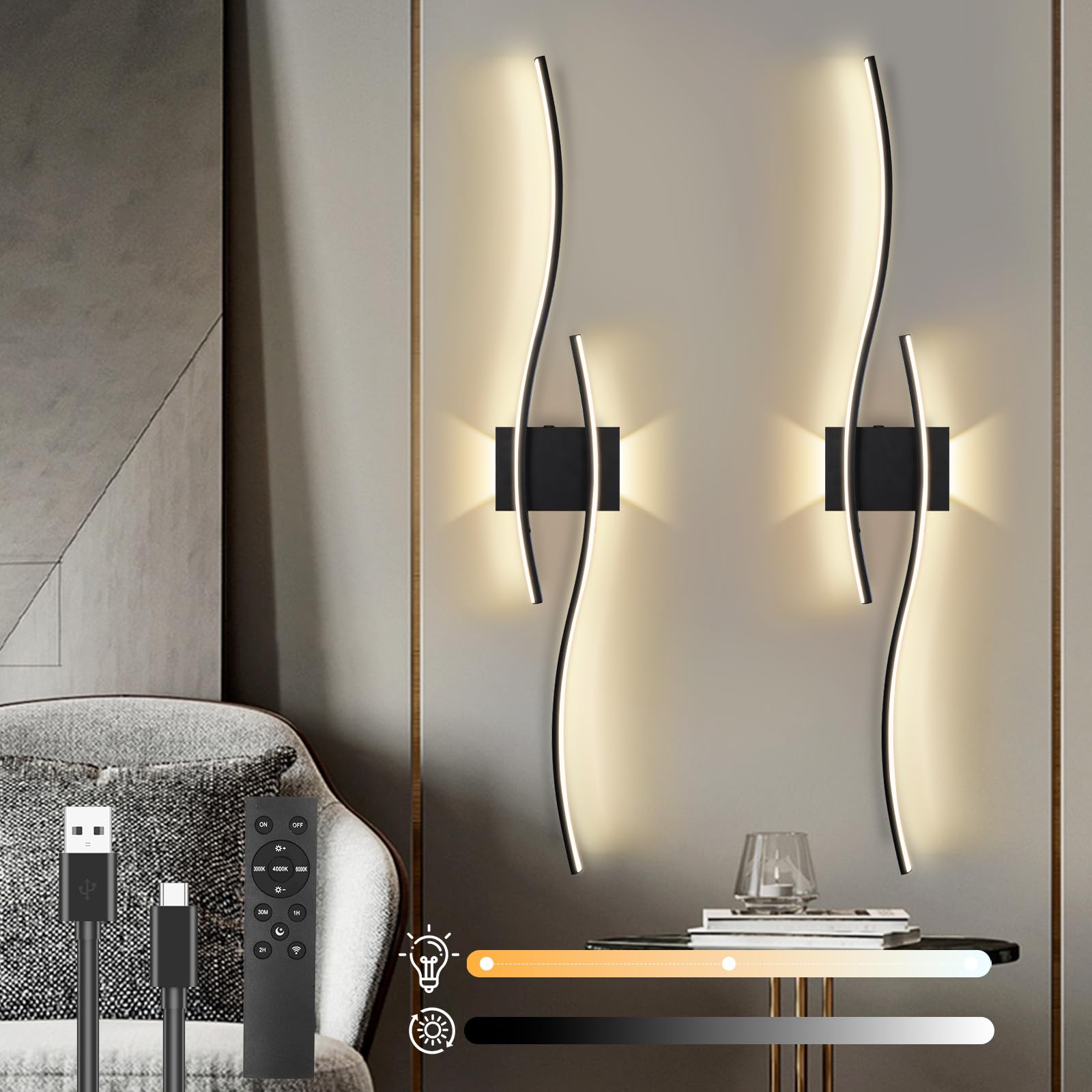 LED Wandleuchte Innen,Akku Wandlampe Innen mit Fernbedienung Modern Wandlicht mit Dimmbar&Timing-Funktionen Kabellose Wandleuchte für Wohnzimmer Schlafzimmer Flur Treppen,2 Stück, 100CM
