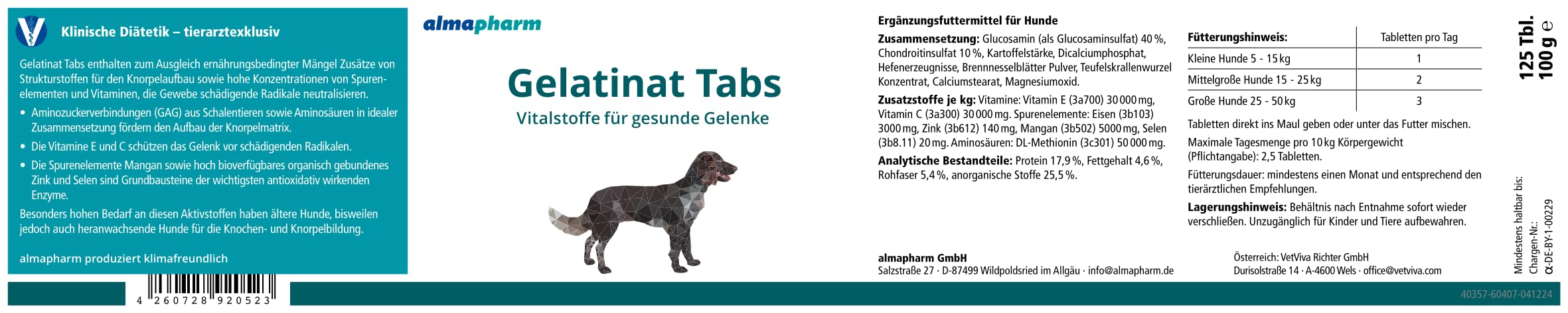 almapharm Gelatinat Tabs | 125 Tabletten | Ergänzungsfuttermittel für Hunde | Mit Zusätzen von Strukturstoffen für den Knorpelaufbau | Enthält die Vitamine E und C