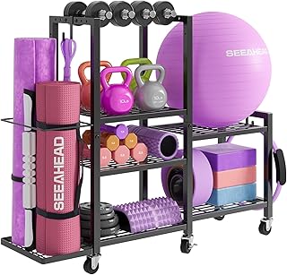 Estante de almacenamiento de gimnasio en casa de 6 niveles con ruedas, soporte de pesas para mancuernas y organizador de esterilla de yoga, soporte de almacenamiento de equipo de gimnasio multiusos