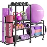 6-Tier Home Gym Storage Rack with Wheels, Dumbbell Weight Rack and Yoga Mat Organizer, Multi-Purpose Gym Equipment Storage Stand for Home Gym Accessories