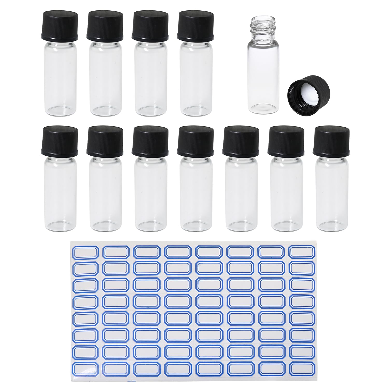 LUORNG 2ml Clear Glass Vials, 12 Pack with Screw Caps, Leak-proof Sample Vials with Labels for Laboratory