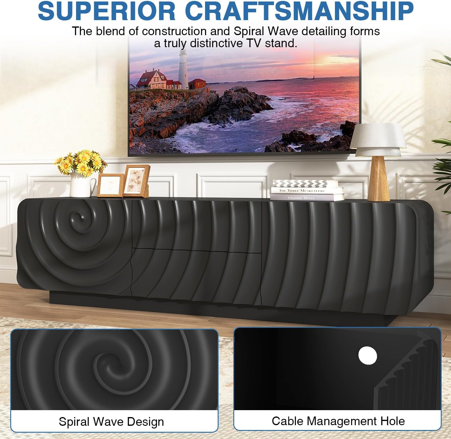 TV stand for 65'' TV , Media Console Table with Storage Cabinet, Spiral Wave Design,Low Profile Credenza for Living Room,Entertainment Center Television Stand with Curved Corner for Bedroom,Black