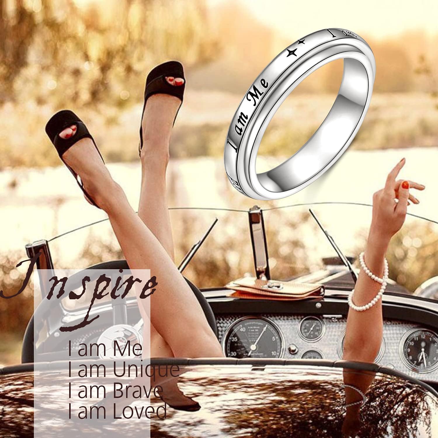 FLYOW I am Me Ring I am Loved Spinner Ring 925 Sterling Silver Moon Phase Fidget Rings for Anxiety Stress Relieving Keep Going ADHD Autism Rings Men Women Let Them Inspirational Band Ring