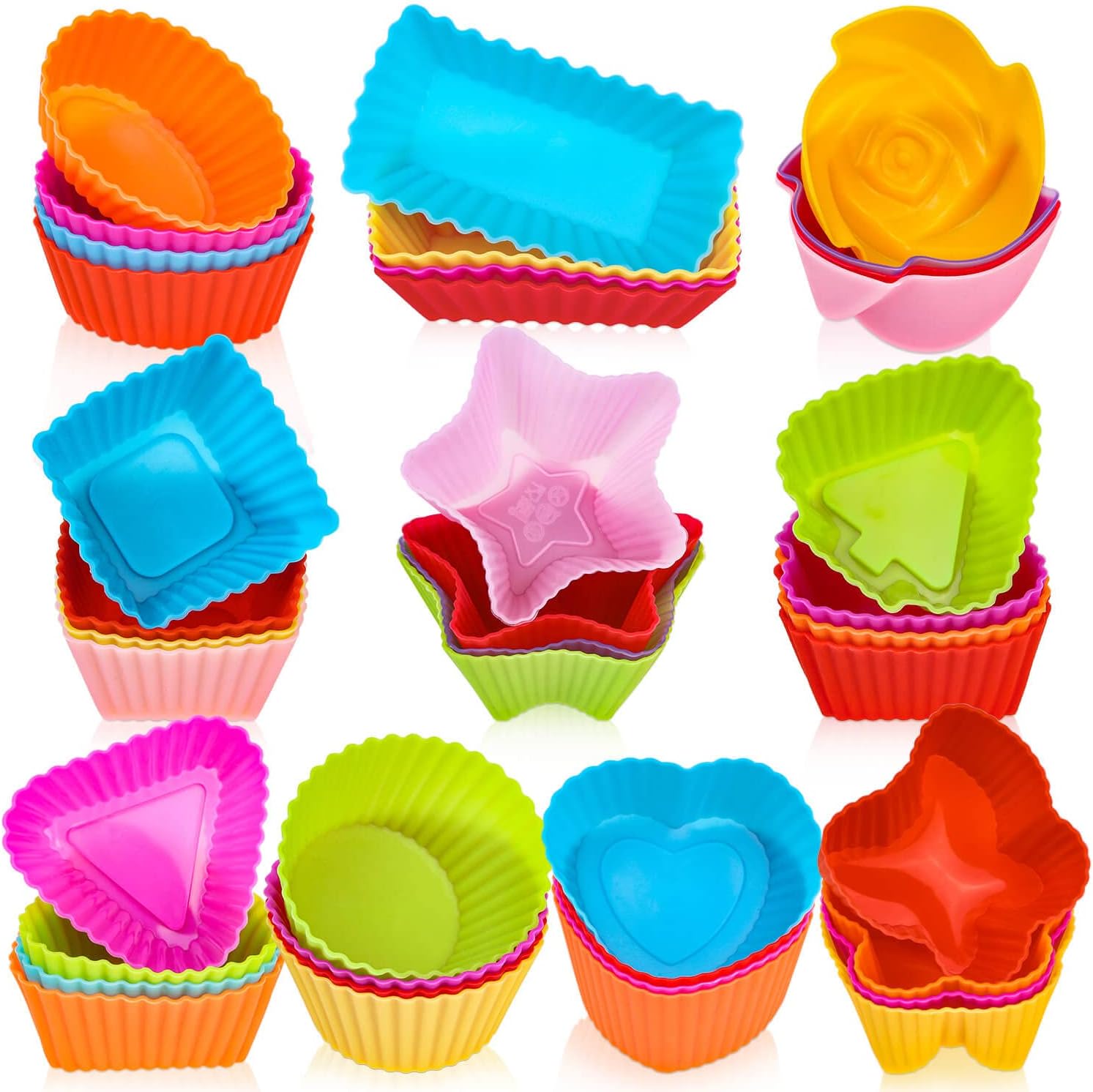 Silicone Cupcake Liners, 40Pcs Silicone Cupcake Baking Cups Reusable Muffin Liners, 10 Shapes