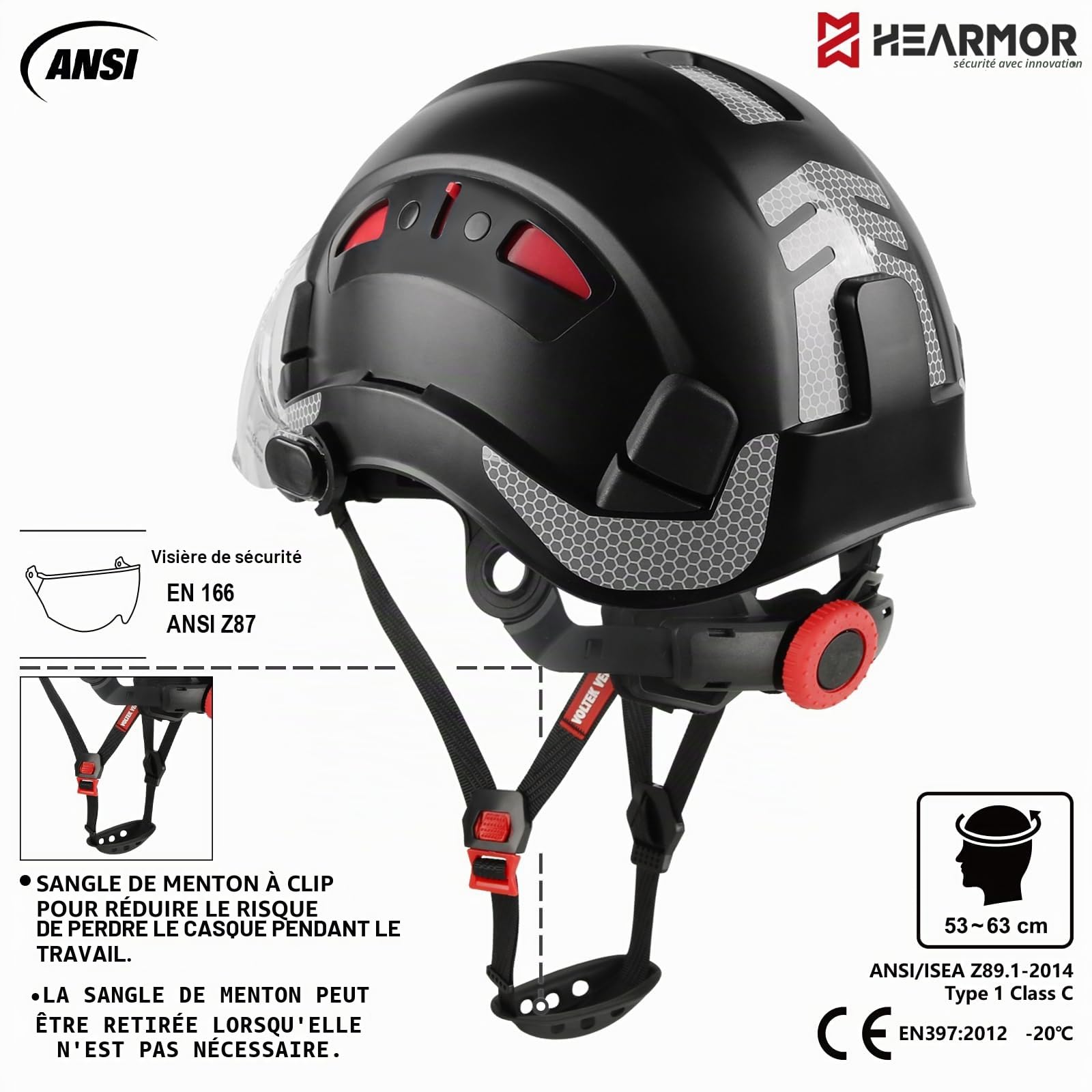 HEARMOR Casque de Protection de Chantier certifié EN397 en ABS réglable avec système à cliquet à 6 Points, avec Doublure de Refroidissement et Sac de Transport – Convient pour Tous Les lieux de