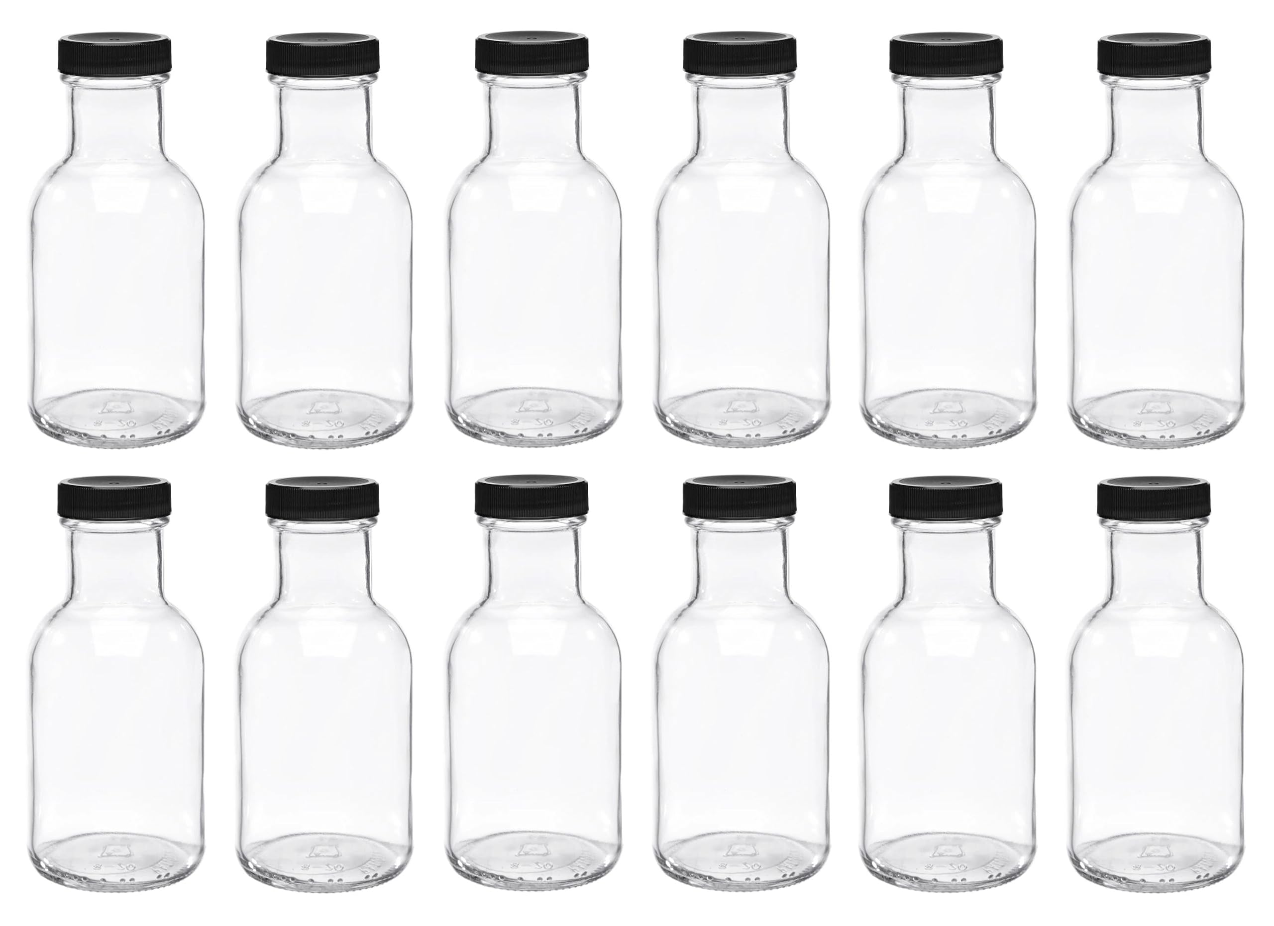 North Mountain Supply 8 Ounce Glass Stout Sauce Bottle - with 38mm Black Plastic Lids - Case of 12