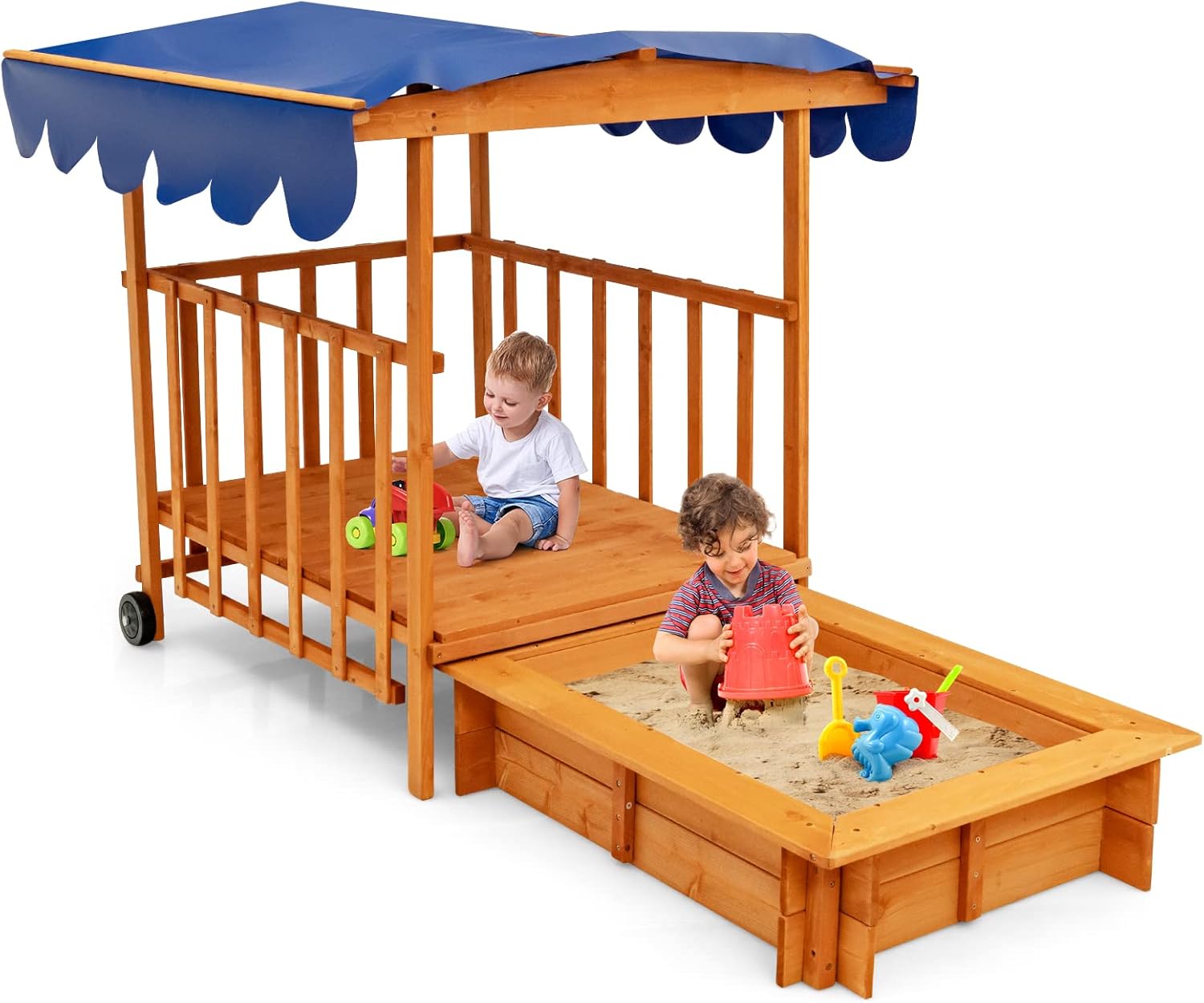 HONEY JOY 3 in 1 Kids Sandbox with Canopy, Wooden Cedar Bottomless Sand