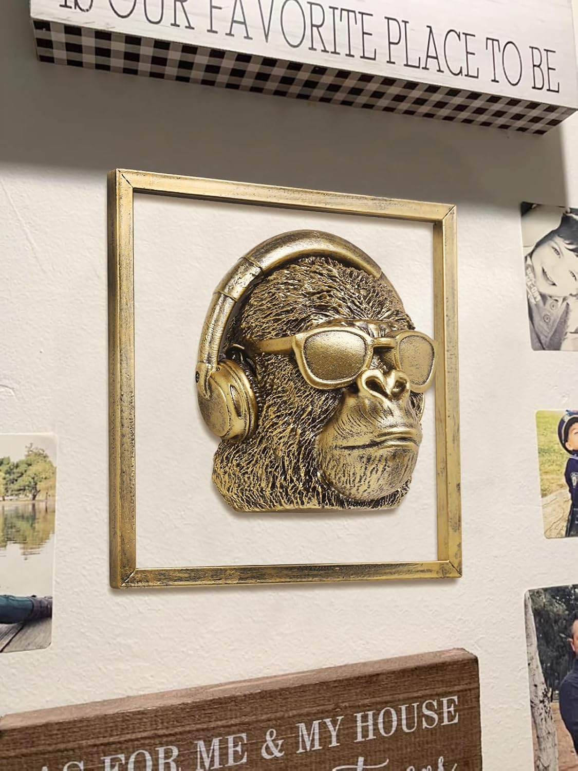 Newinhome Animal Heads Wall Decor (Includes Metal Frame) Resin Animals Sculptures Head Wall Hanging Decoration Gold vintage Wall Sculpture for Living Room Bedroom Office (Gorilla)