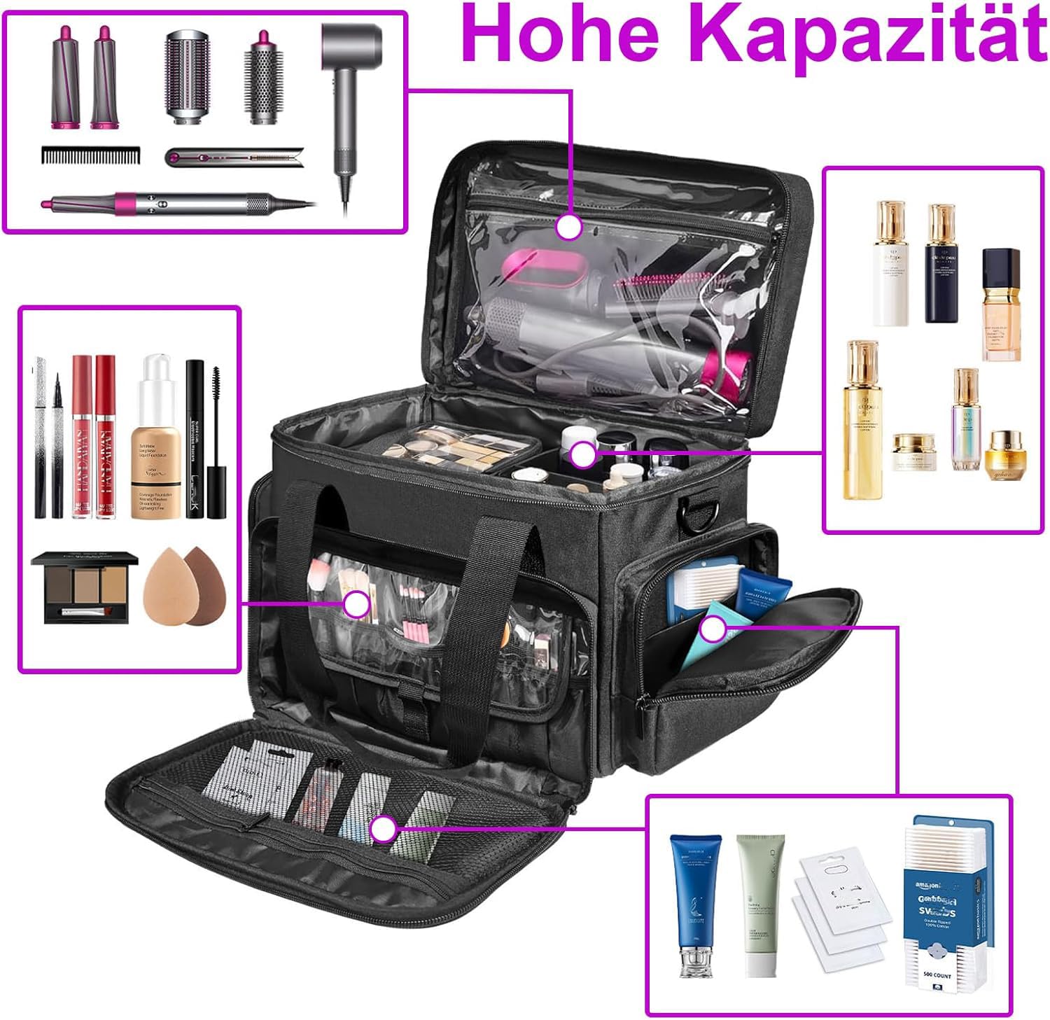 Große Make Up Organizer Tasche mit 2 Innentaschen, Kosmetiktasche Groß mit Einstellbaren Teiler, Make Up Tasche, Portable Beauty Case, für Reise, Unterwegs