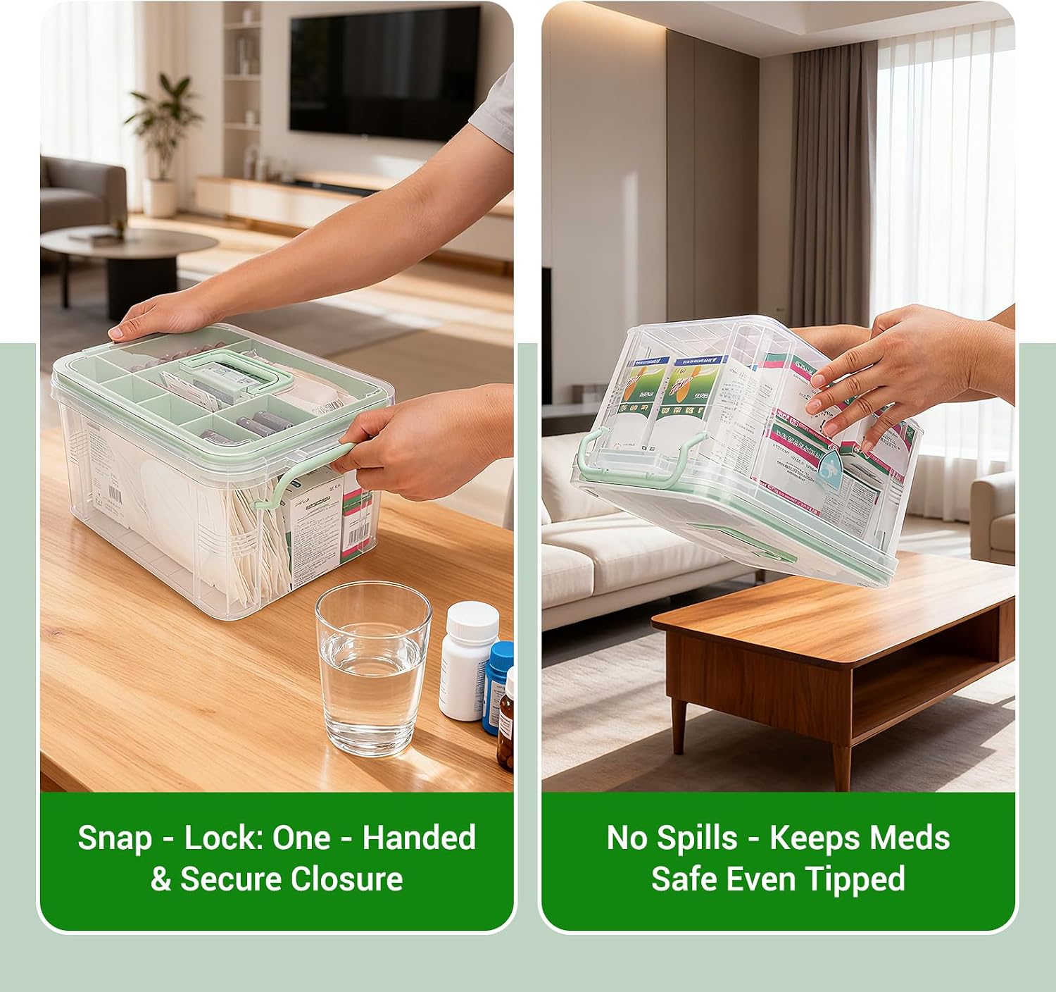 15QT Clear Medicine Storage Box with Comfort Handle and Compartments, Medicine Box Organizer Storage for Safe and Tidy Medication, First Aid, and Personal Care Item Organization