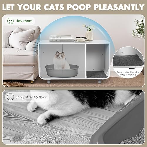 Miniatura 5 de Tangkula Mueble de caja de arena para gatos, baño oculto para gatos con patas y tapetes de madera de goma, casa interior para gatos de tamaño