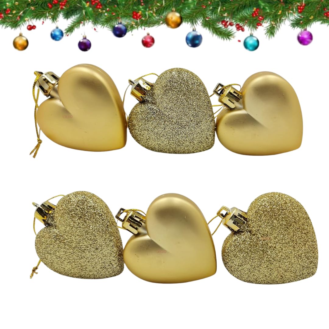 UKDeals Direct® Gold Colour Christmas Tree Decorations Collection- Baubles -Hearts -Droplets -Tree Topper-Tinsel in glitter & matte (6pc Heart Glitter & Matte)