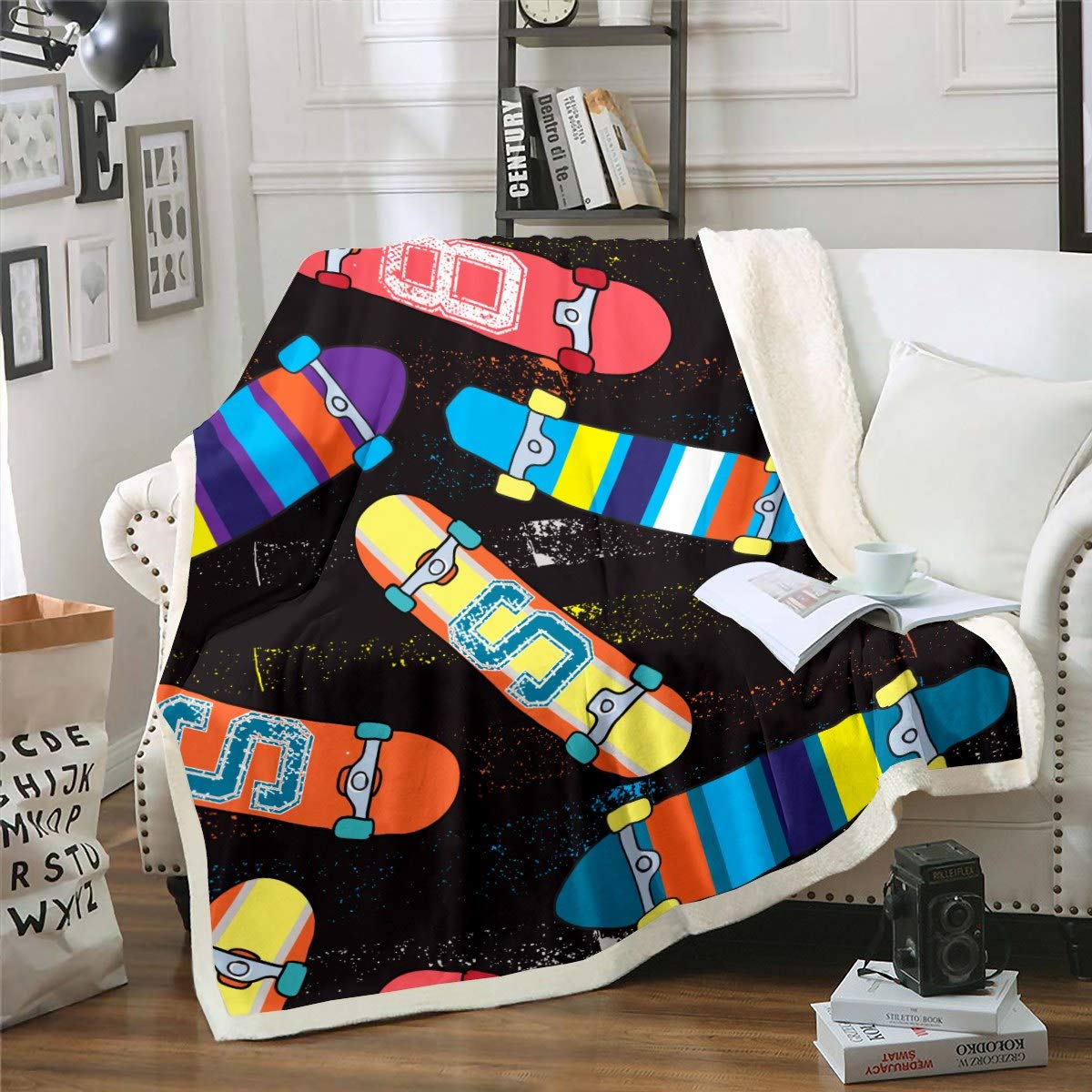 Loussiesd Colour 25 Skateboard Fleece Blankets Teens Throw Blanket For Crib Bed Couch Hipster Decor Fuzzy Blanket Extreme Sports Theme Sherpa Blanket Skate Board Stain Resistant Double 60"X79" Air Conditioning