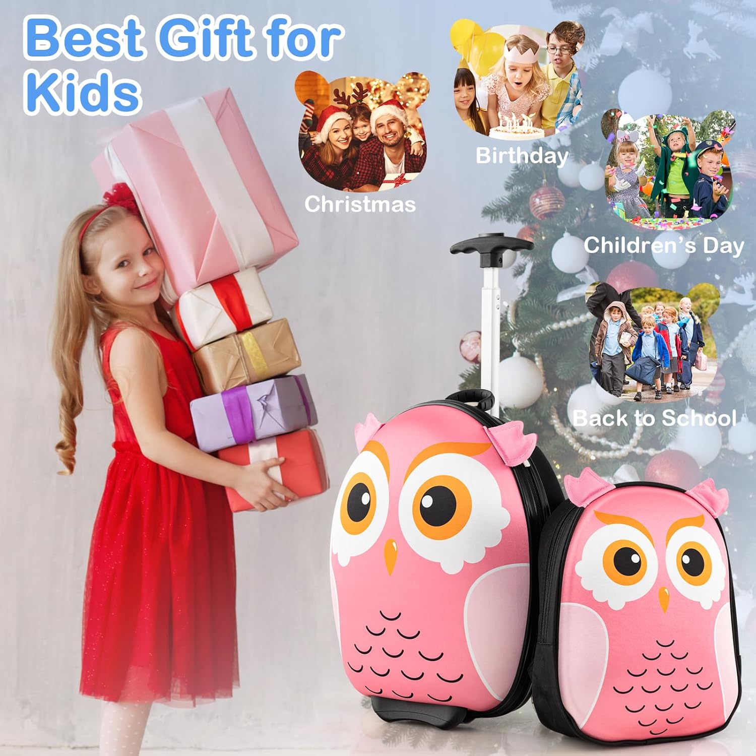 BABY JOY 2 Pcs Kids Luggage Set, 16" Rolling Suitcase w/ 12" Backpack, Airline Approved for Girls & Boys Children Toddlers, Kids Carry On Luggage with Wheels (Owl)