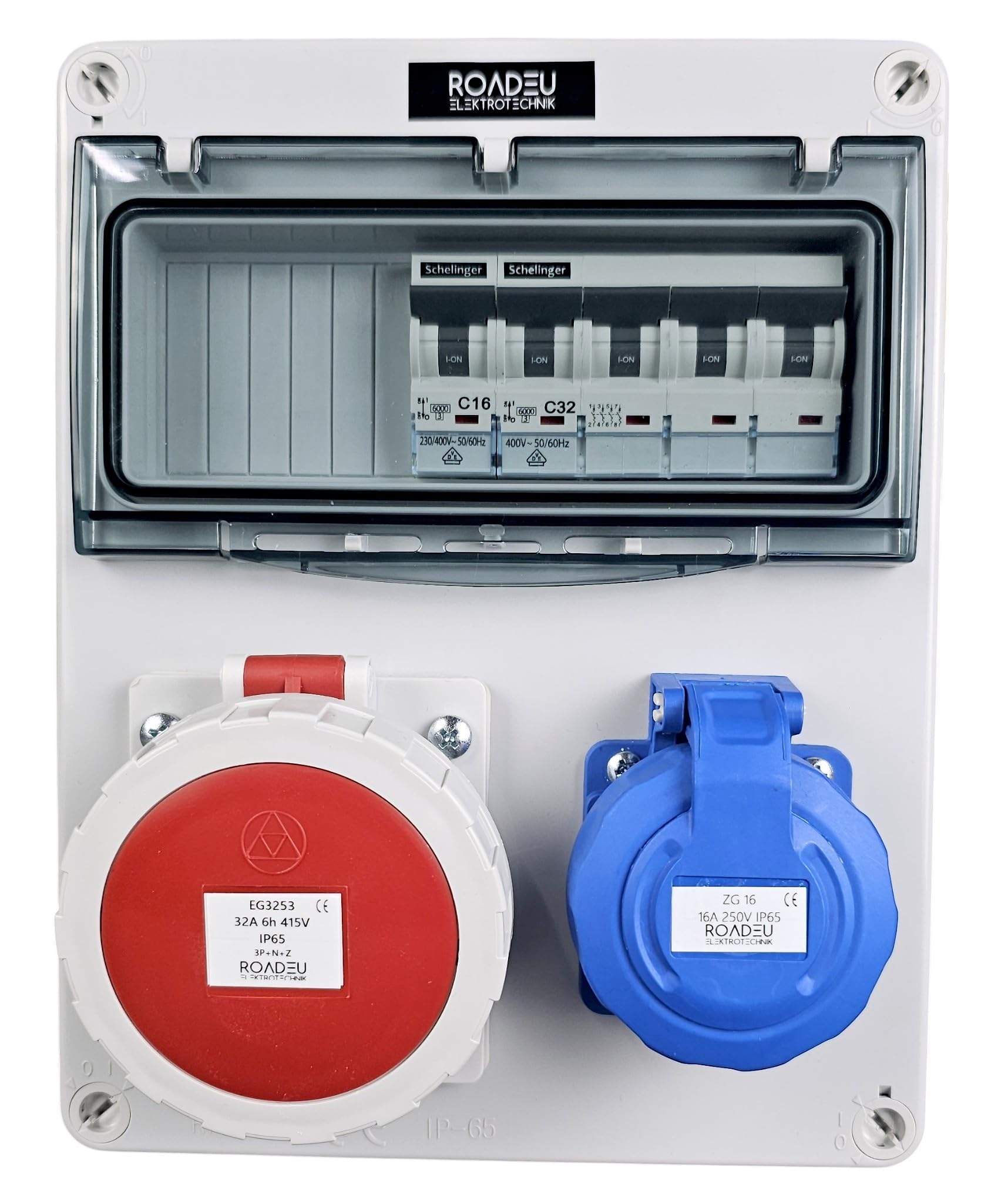 RoadEu Coffret de distribution IP65 CEE 32A 5P 400V & prise 230V 2P+T, coffret mural avec disjoncteurs C32A 4P + C16A 2P, prises à couvercle vissé
