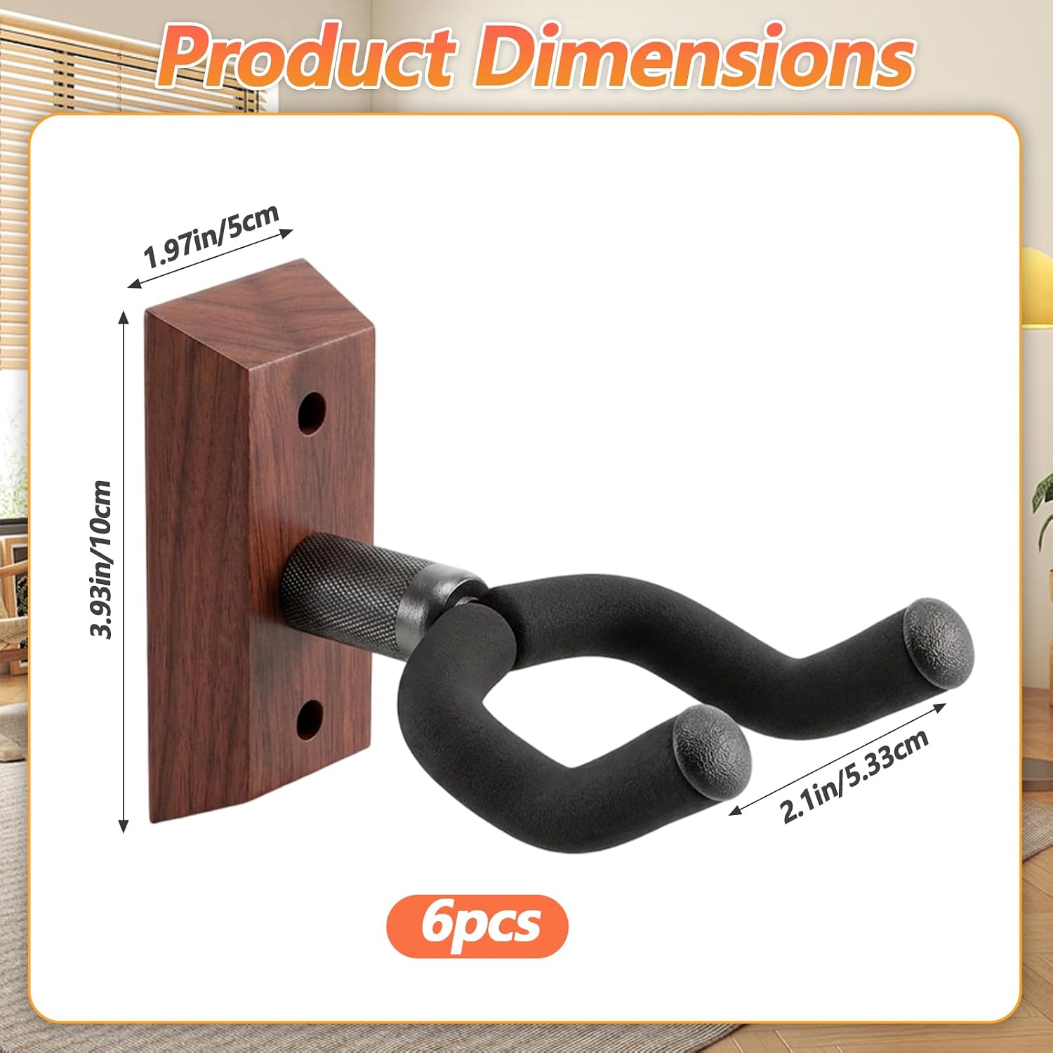 6 Pack Guitar Wall Mount with Rotatable Hook, Natural Wood Hardwood Guitar Stand Hanger for Acoustic, Electric, Bass, Mandolin - Space Saving Display & Secure Storage Solution