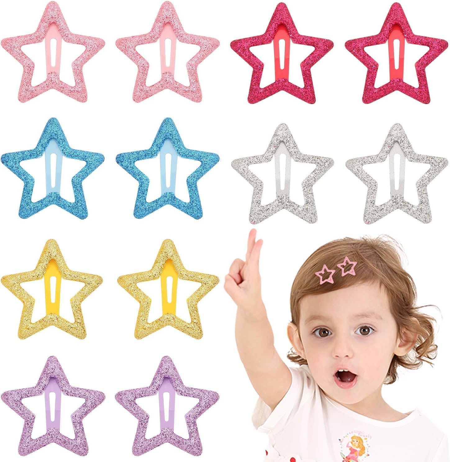 Diversa Glittery Star Hair Clips for Kids & Girls, Mini Tic Tac Metal Star Shape Hair Clips, Kids Hair Star Barrettes, Hair Accessories Side Pin for Baby Girl, Multicolor, Pack of 10