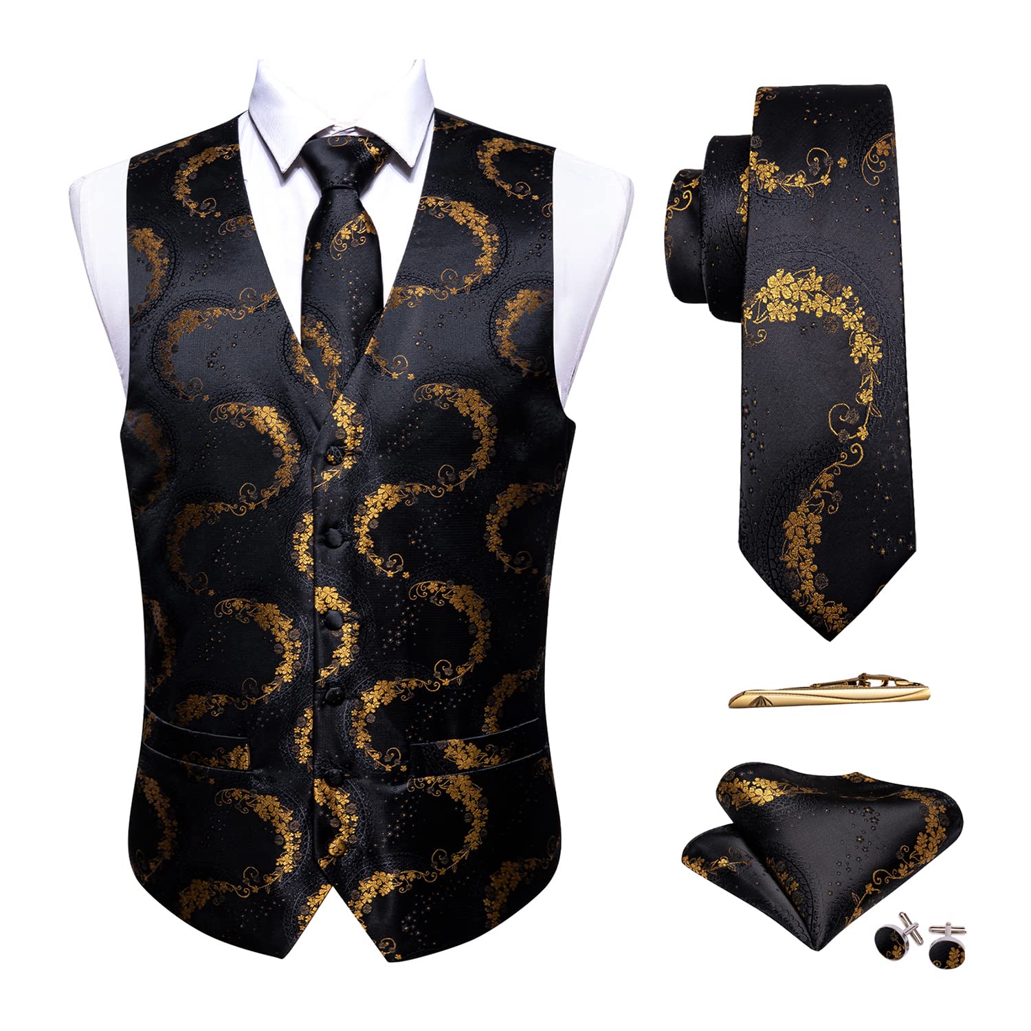 Barry.Wang Mens Suit Vest Paisley/Flower Silk Jacquard Waistcoat Ties Set Formal/Leisure 5PCS