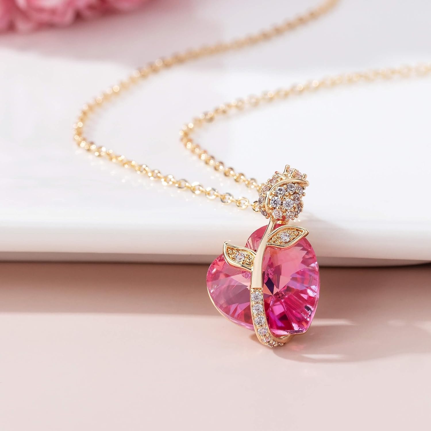 Austrian Crystal Heart Rose Flower Pendant Necklaces for Women Fashion 14K Gold Plated Dainty Necklace Hypoallergenic Jewelry - Image 5