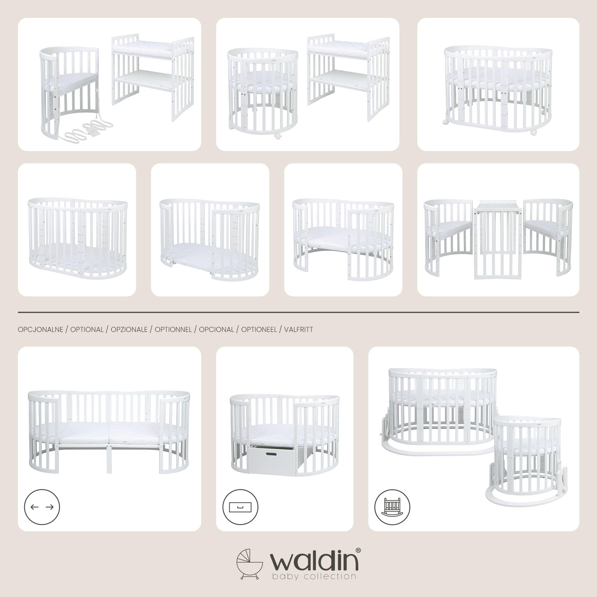 waldin Lettino Bebè Ovale 7in1, Materasso e Ruote, con Ripiano, Bianco | Senza set di tessuti, Evolutivo, Lettino, Culla Co-Sleeping in Legno, Dondolo Opzionale