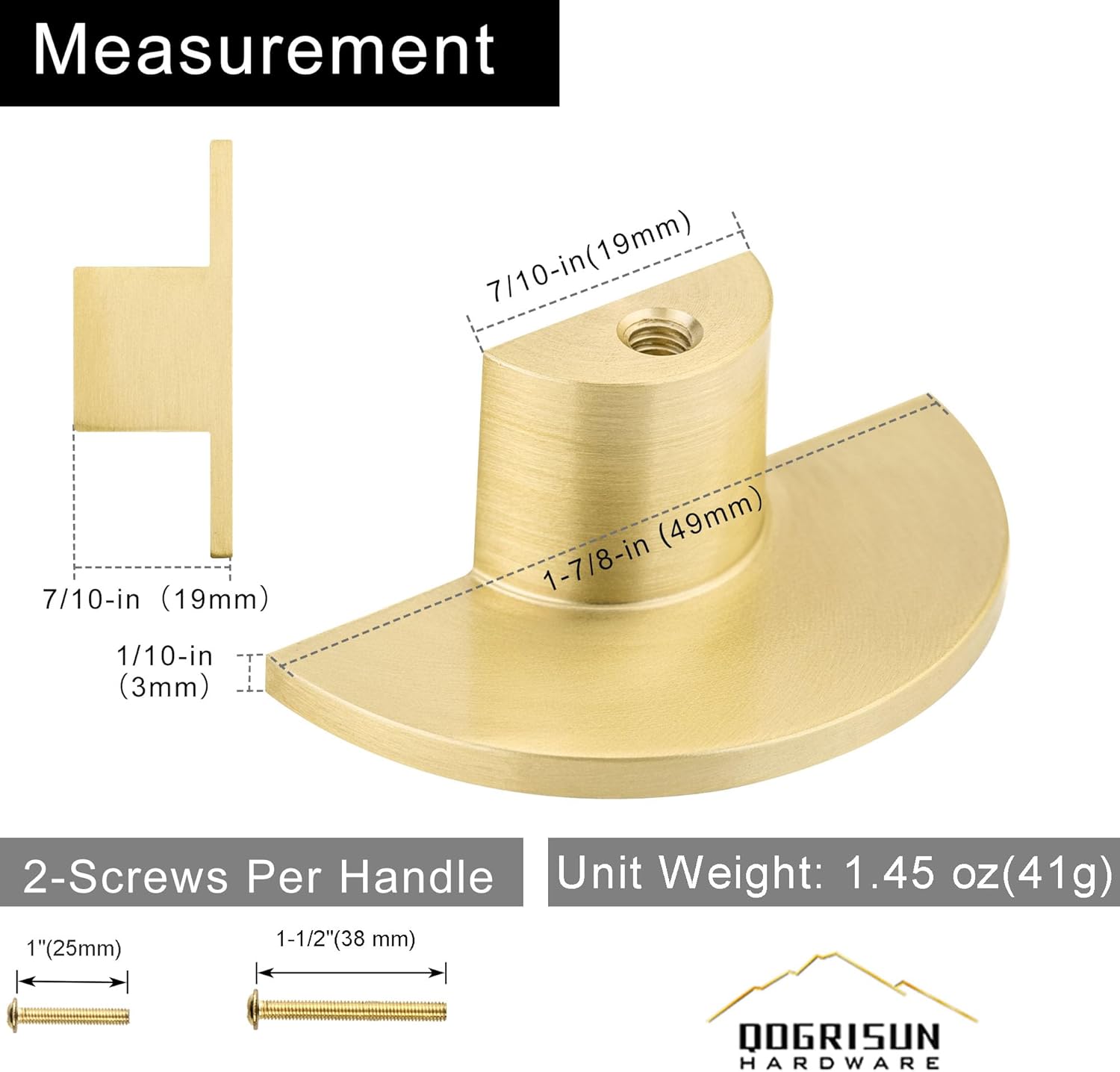 QOGRISUN 10-Pack Half Circle Cabine Knobs Solid Brass, Gold Half Moon Drawer Dresser Handles, 1-7/8-Inch Overall Length, Single Hole Pulls Knobs, Kitchen Cupboard Hardware, Brushed Brass Finish