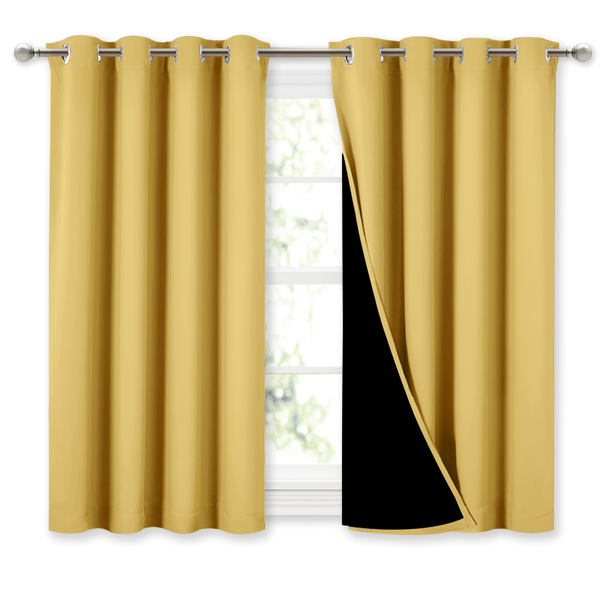 NICETOWN 100% Blackout Curtains with Black Liners, Thermal Insulated Full Blackout 2-Layer Lined Drapes, Energy Efficiency Window Drapes for Dining Room (Bright Yellow, 2 Panels, 52" W by 45" L)