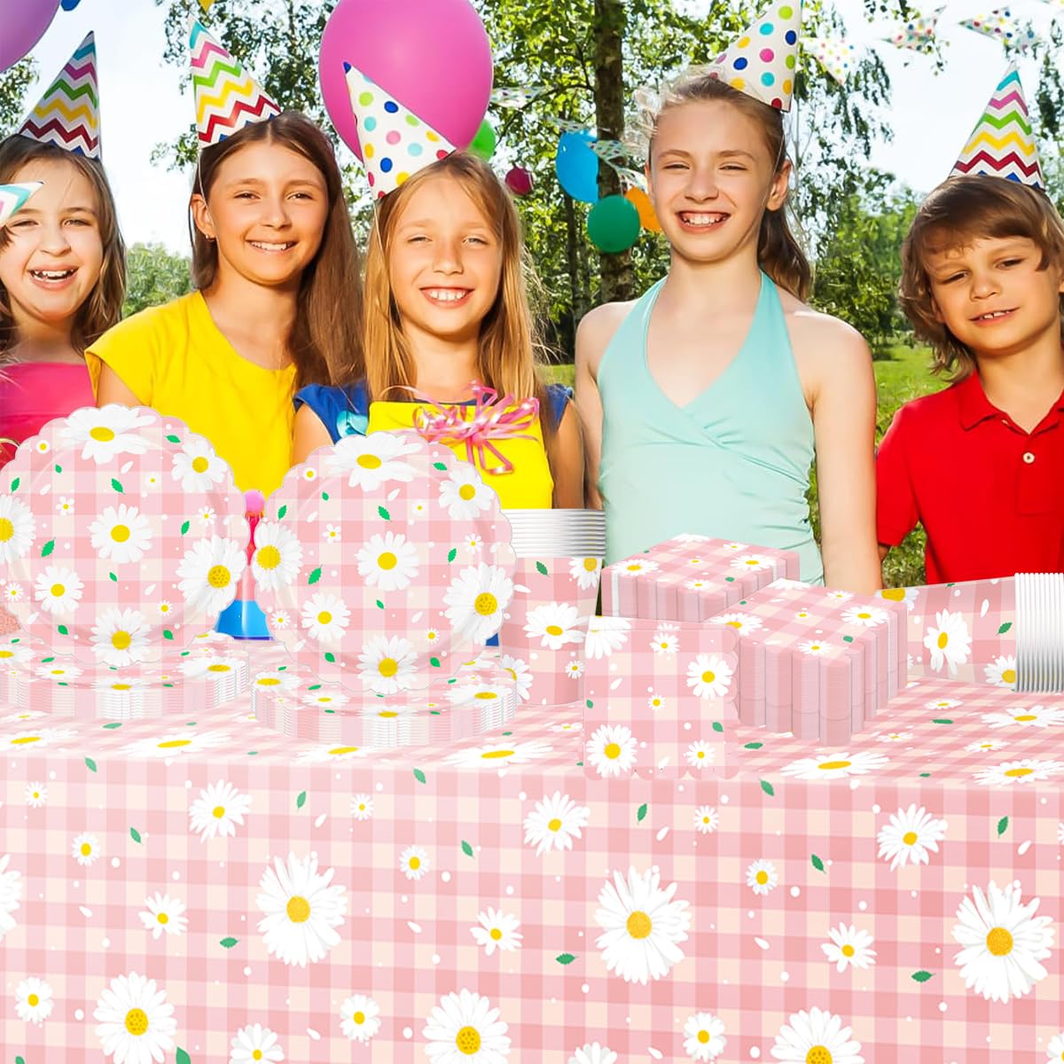 margherita Stoviglie per feste, 61 pezzi Crisantemo rosa Stoviglie per compleanni per bambini, Tema floreale Set di piatti di carta per feste, Compresi bicchieri, tovaglioli e tovaglie