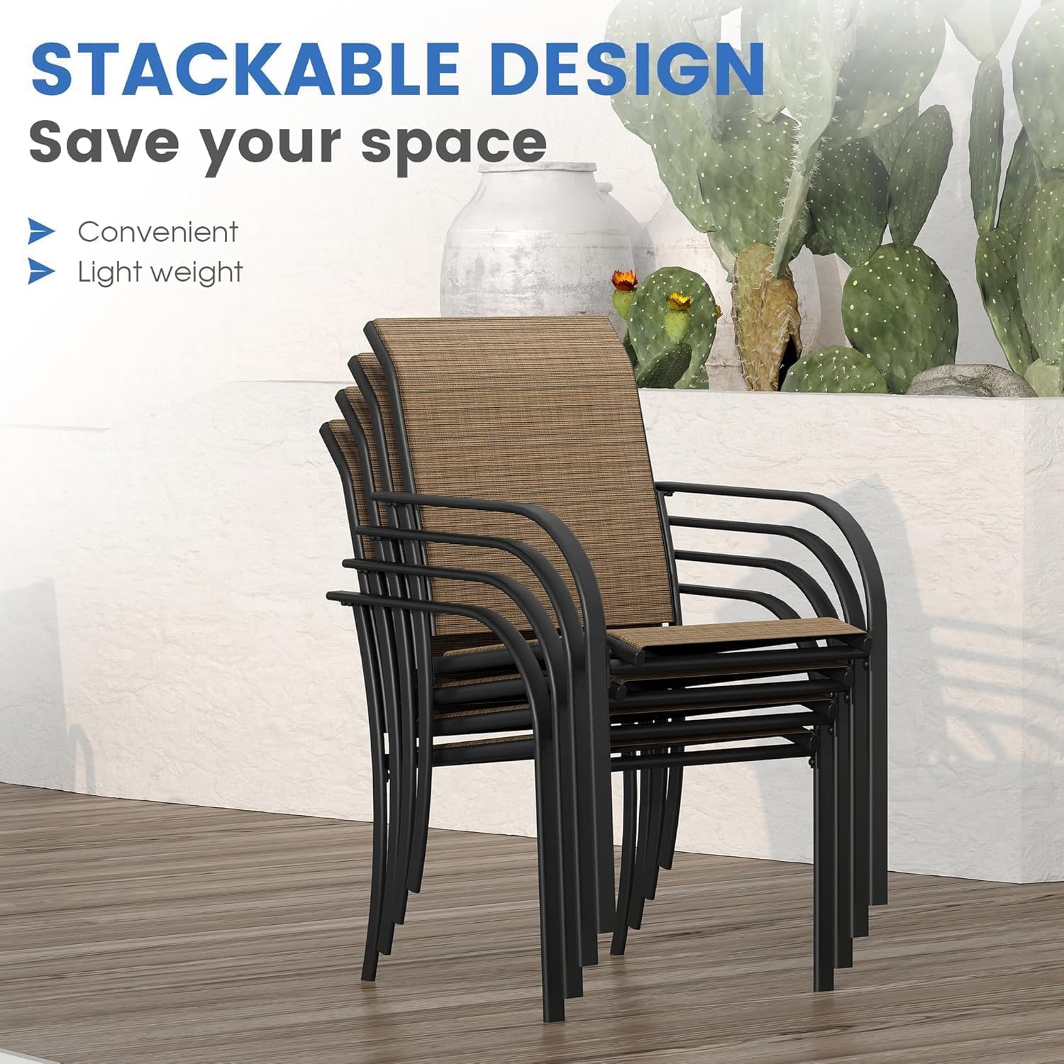 VICLLAX 5 Pieces Patio Dining Set for 4, Outdoor Furniture Set Includes 40.7" Round Patio Table and 4 Patio Stackable Chairs, Black Tabletop and Brown Fabric