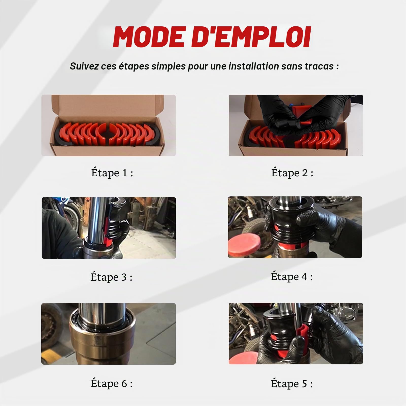 Pilote Joint de Fourche Moto Universel, Kit Outil de Démontage Montage 14 Pièces MOTO4U avec Adaptateurs 6 Tailles pour Fourches 35-50mm