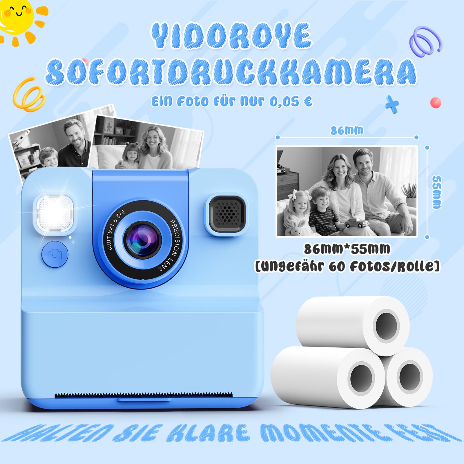 Macchina Fotografica Bambini，2.4" HD 1080P Macchina Fotografica Bambini Istantanea Regalo Bambino 3-10 Anni Maschio Fotocamera Istantanea 32GB Scheda & Papier Photo Regalo Natale (Blu)