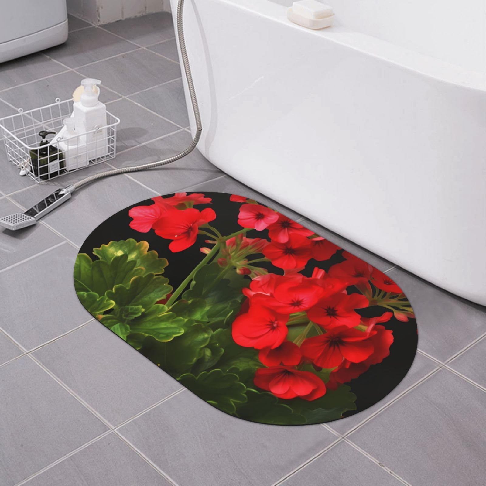 Tapis de sol géraniums rouges en diatomée douce pour salle de bain et bureau