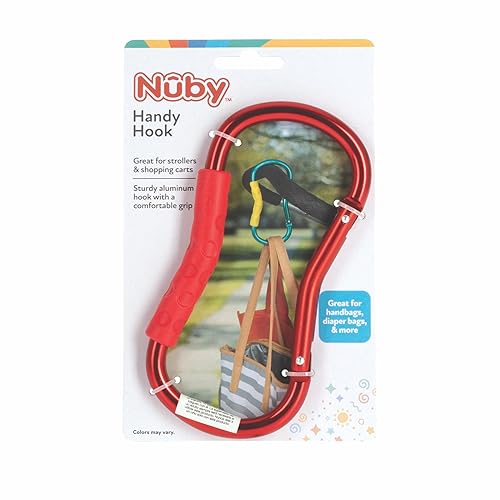 Nuby Mosquetón de gancho grande y práctico clip para cochecito con agarre suave texturizado, rojo