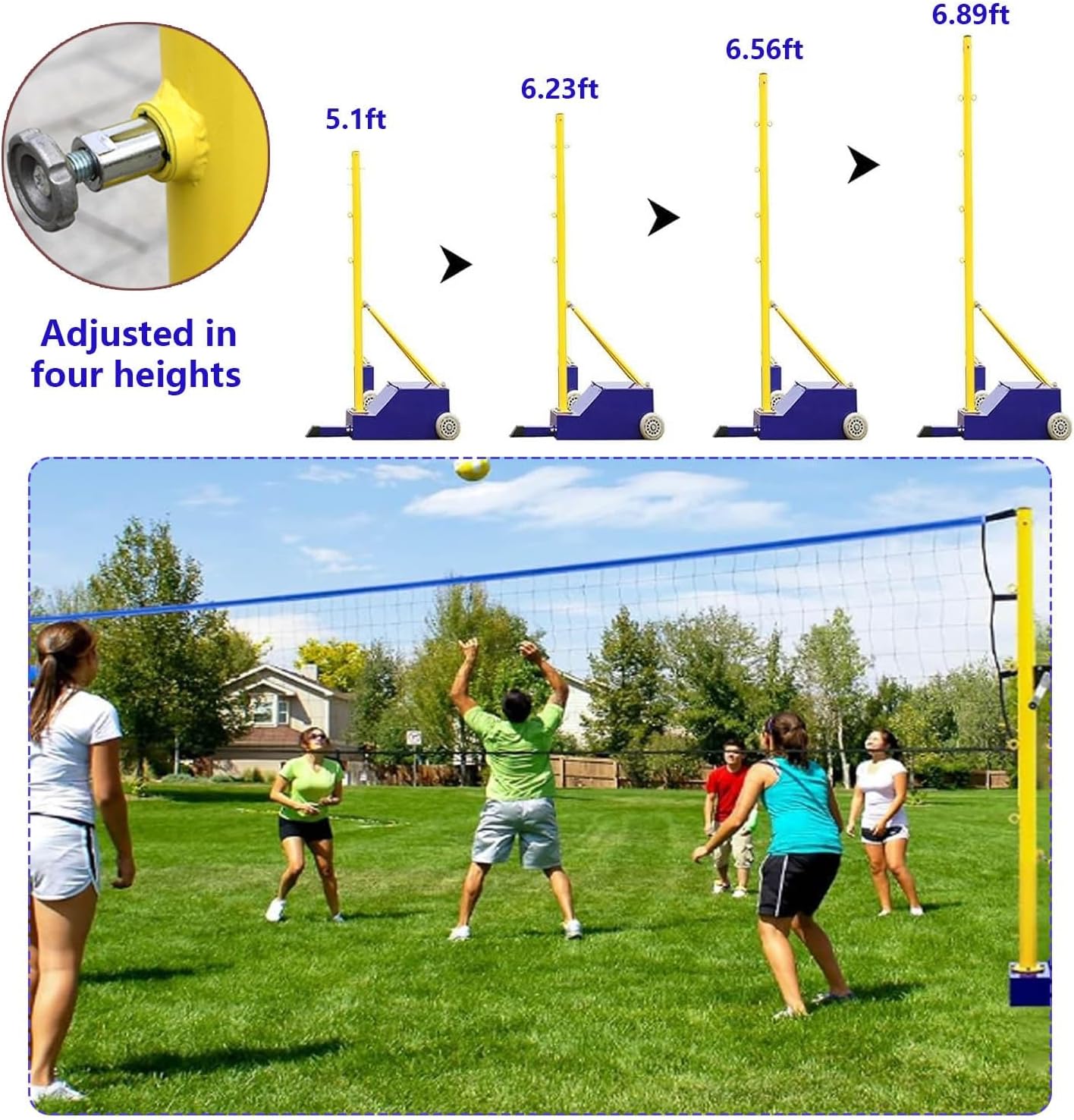 Heavy-Duty Badminton Net & Adjustable Volleyball Poles Set, 4 Heights (5ft-6.8ft), Portable with Wheels, Ideal for Backyard, Indoor & Outdoor Fun for Adults & Kids