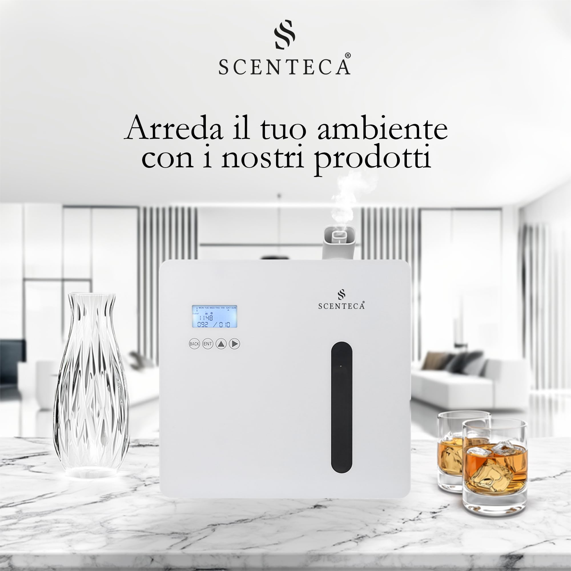 SCENTECA Diffusore elettrico Mod. AD-P7 di oli essenziali a nebulizzazione, con fragranza Tè Bianco e Fiori di Primavera inclusa, copre fino a 300 mq, per casa e ufficio (100 ml)