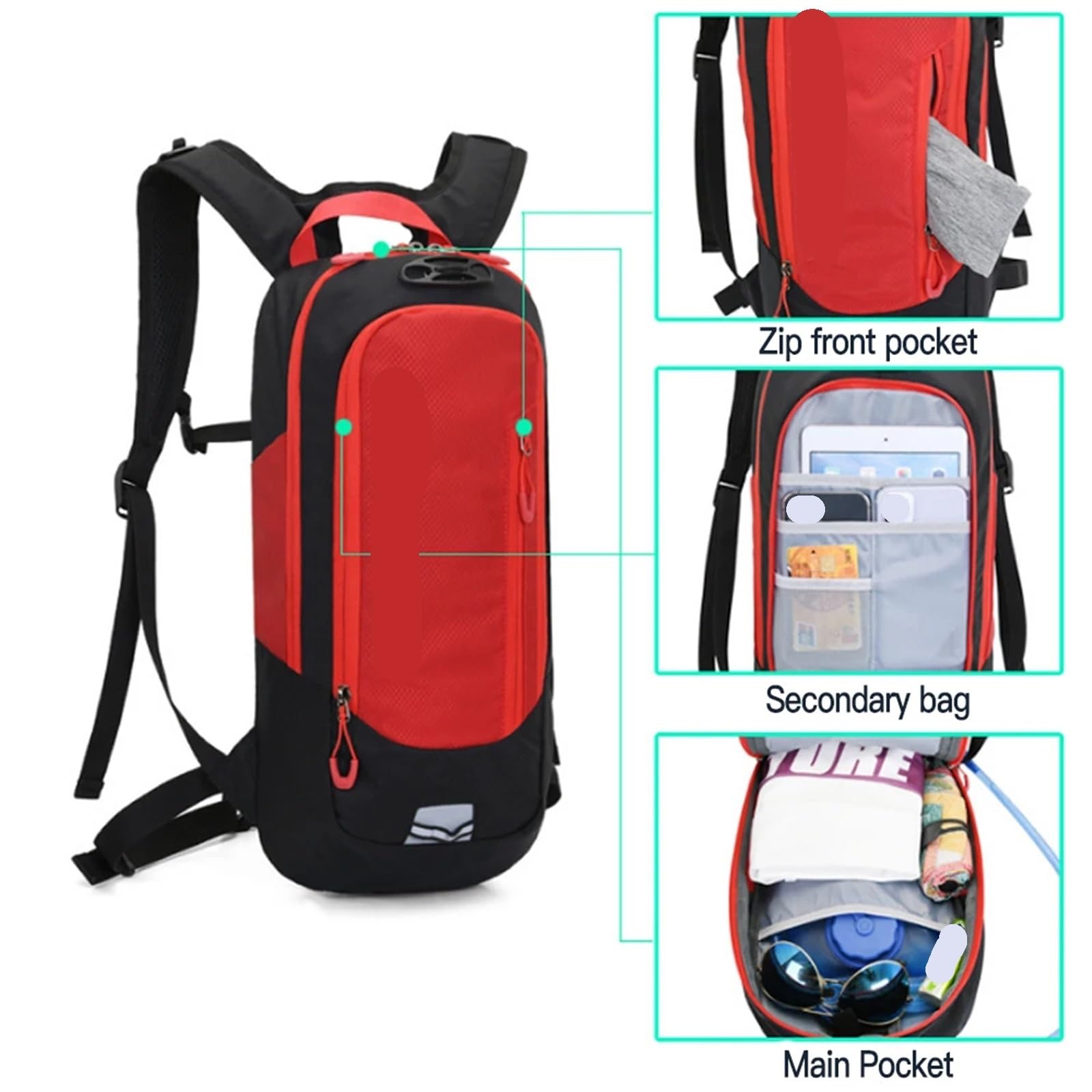 Zaino da Ciclismo Zaino da Bici Sportivo da 10 Litri Borse da Ciclo d'Acqua Corsa da Ciclismo Zaini da Bicicletta con idratazione Strisce Riflettenti Zaino per La Bicicletta(Black Red)