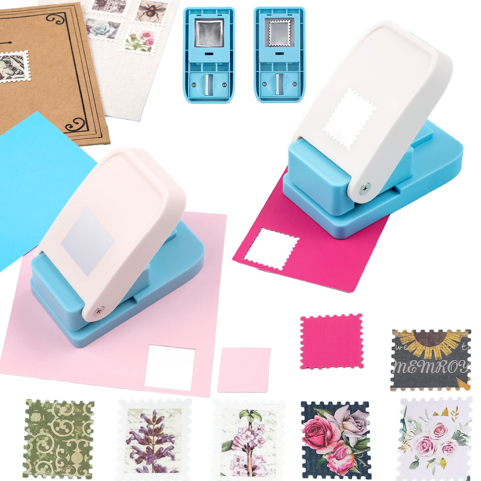 OTCRAFT 2Pcs/Set 1X0.8inch Rectangular Postage Stamp with 1" Square Punch Set, Scalloped Rectangle Lever Action Craft Punch for Paper Crafting Scrapbooking DIY Card Making Arts Crafts Supplies — image 1