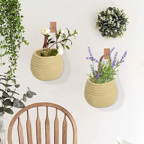 Miniatura 5 de Juego de 2 cestas colgantes de yute para pared, cesta de pared de granja para almacenamiento y organizador, cestas decorativas para colgar en la