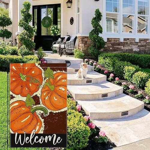 Miniatura 7 de Asminifor Bandera de jardín de calabaza de bienvenida de otoño, acuarela, cosecha de otoño, calabaza, arpillera, doble cara, vertical, estacional,