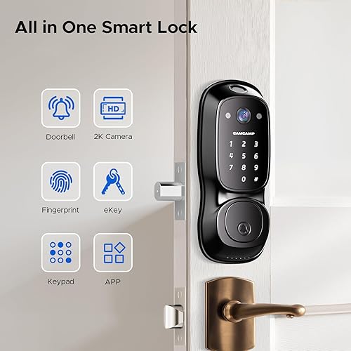 Miniatura 2 de Camcamp Cerradura de puerta inteligente, cerradura de puerta de entrada sin llave con cámara y timbre, cerradura inteligente Wi-Fi integrada para