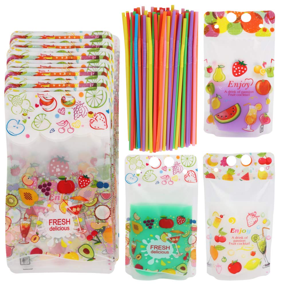 TIMESETL 100 Pcs Drink Pouches with 100 Straw Holes