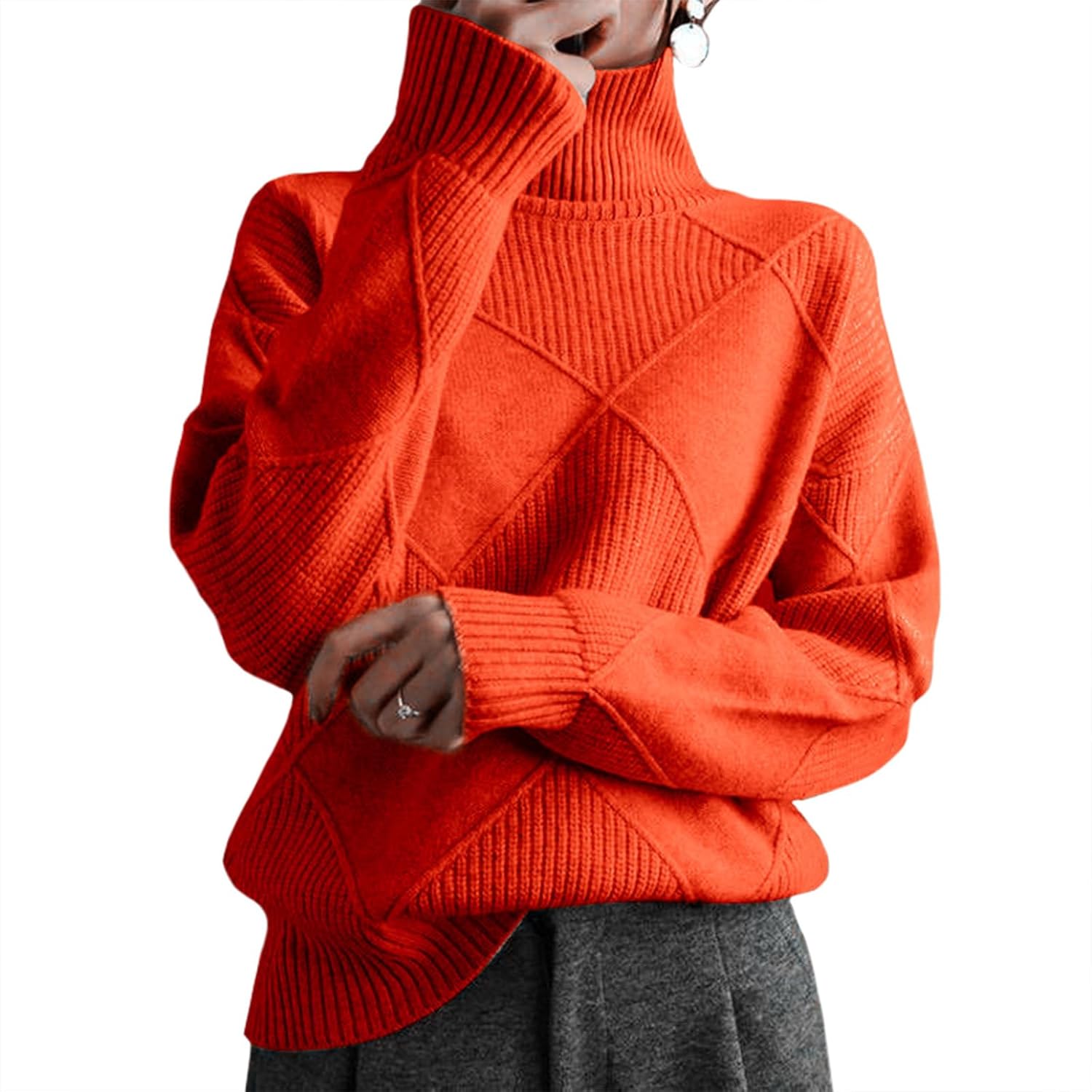 Womens Knitted Turtleneck Sweater Casual Loose Ribbed Cuff Long Sleeve Tunic Pullover Fit Fall Winter Oversized Jumper Top