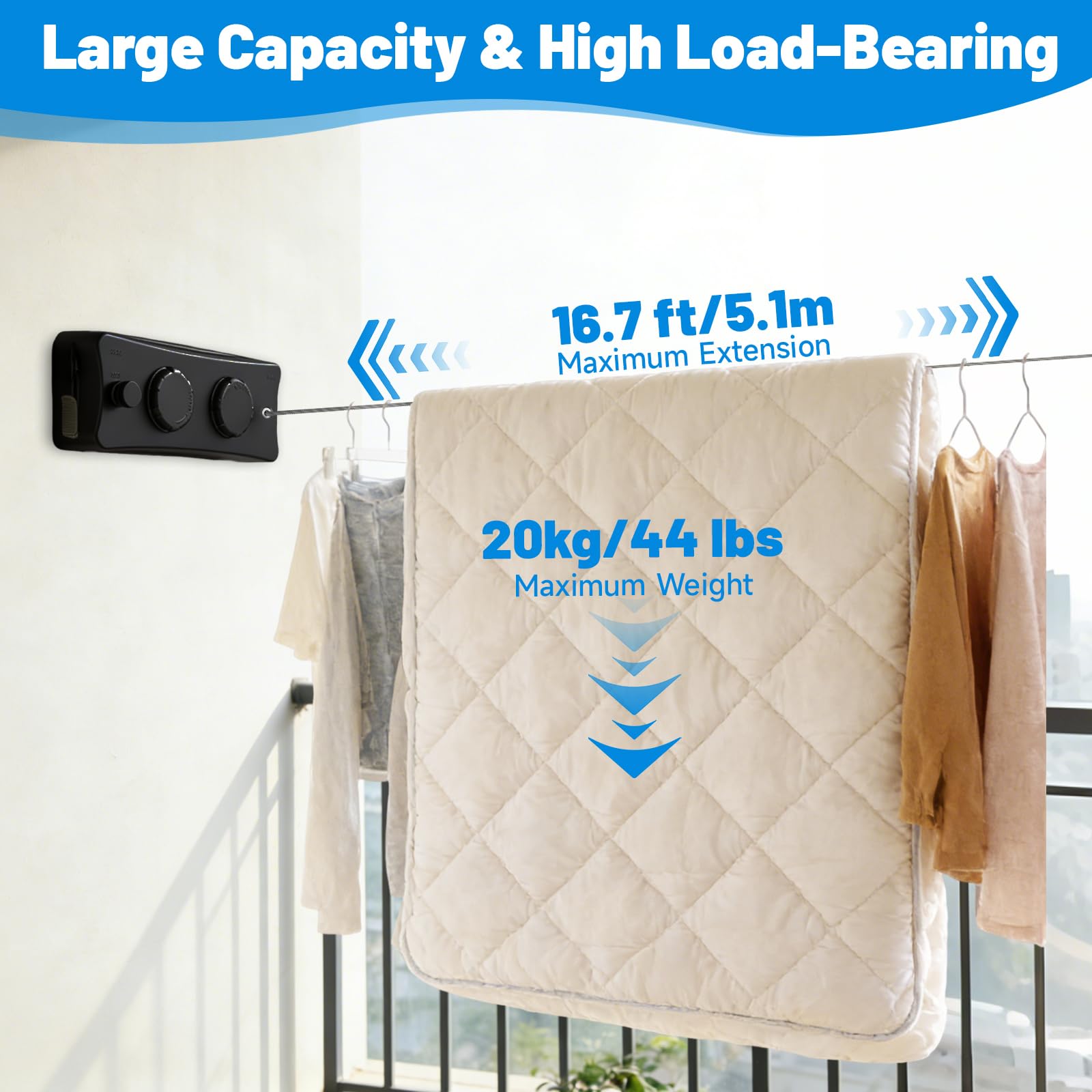 GAESHOW Wäscheleine Ausziehbar Wand, Aufhängen Einziehbares Wäscheleine, Wandmontage Nicht Durchhängende Wäscheleine mit 5.1 m Stahlseil, für Badezimmer, Waschküche, Balkon, Garten (Schwarz)