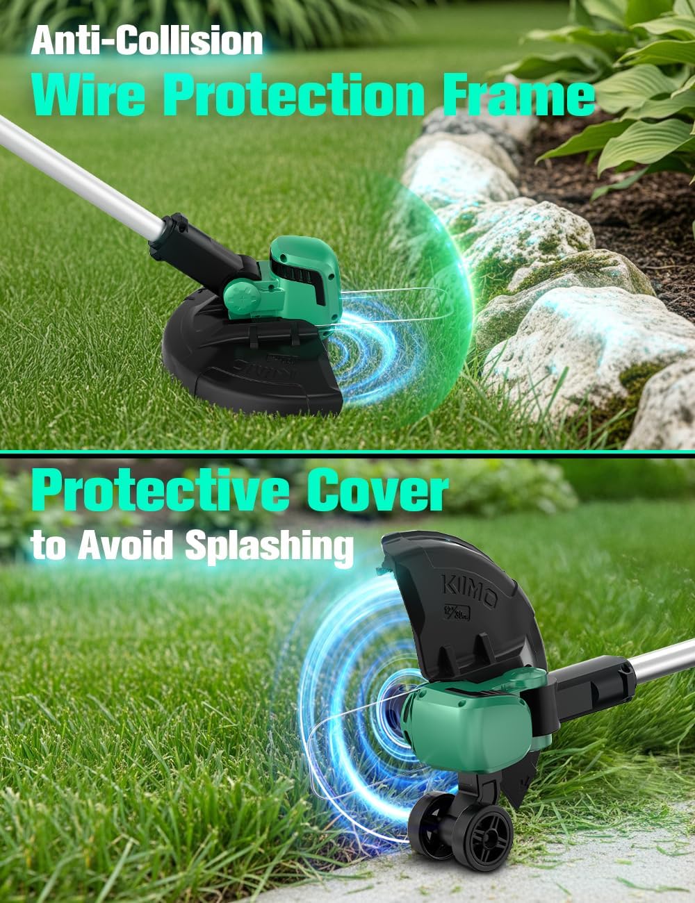 KIMO Cordless Weed Wacker Battery Operated w/ 2 x 2.0Ah Batteries, 12" Weed Eater w/10Pcs Dual-Sided Cutting Lines & Rapid Reload, 2-in-1 String Trimmer & Edger with Wheels, 20V Grass Trimmer for Lawn