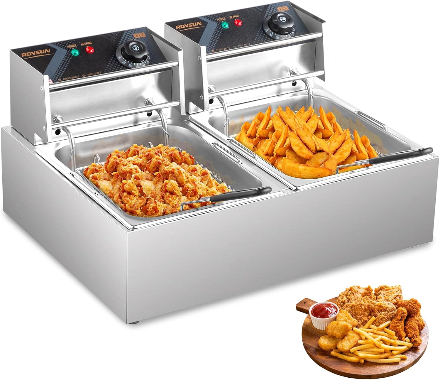 ROVSUN 22.8QT/21.6L Electric Deep Fryer, Countertop Commercial Stainless Steel Dual Tank Kitchen Fat Fryer Frying Machine w/Baskets Lids for French Fries Donuts, Adjustable Temp, 3400W ROVSUN 22.8QT/21.6L Electric Deep Fryer, Countertop Commercial Stainless Steel Dual Tank Kitchen Fat Fryer Frying Machine w/Baskets Lids for French Fries Donuts, Adjustable Temp, 3400W