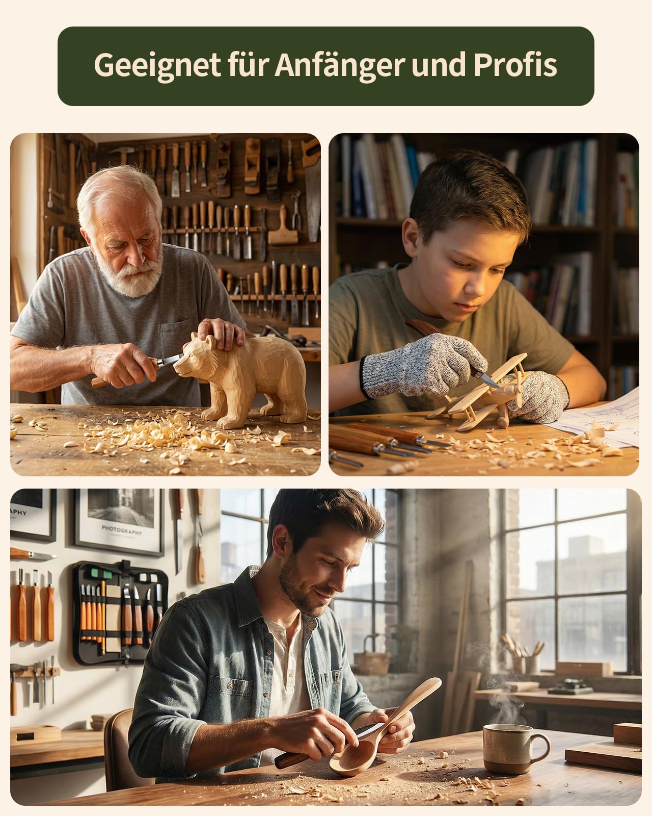Kit Intaglio Legno, 23PCS Set di Utensili da Intaglio in Legno, include 9 strumenti da Intaglio e 4 blocchi e guanti per Adulti Bambini e Principianti