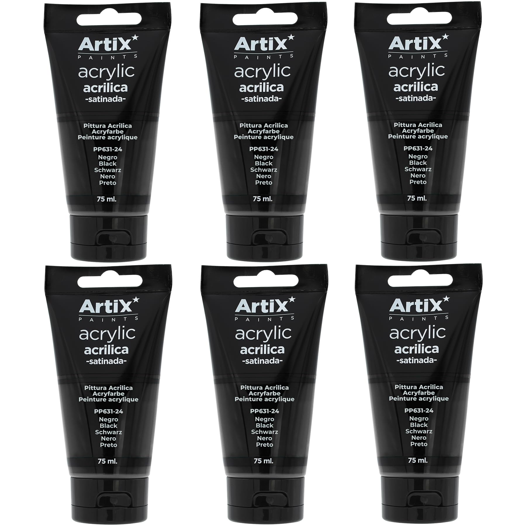 MP-ARTIX PAINTS, Set Pintura Acrílica, 6 Tubos Color Negro,75 ML, No Tóxica, para Manualidades y Uso Profesional, Ideal para Lienzos, Madera, Cerámica, Tela