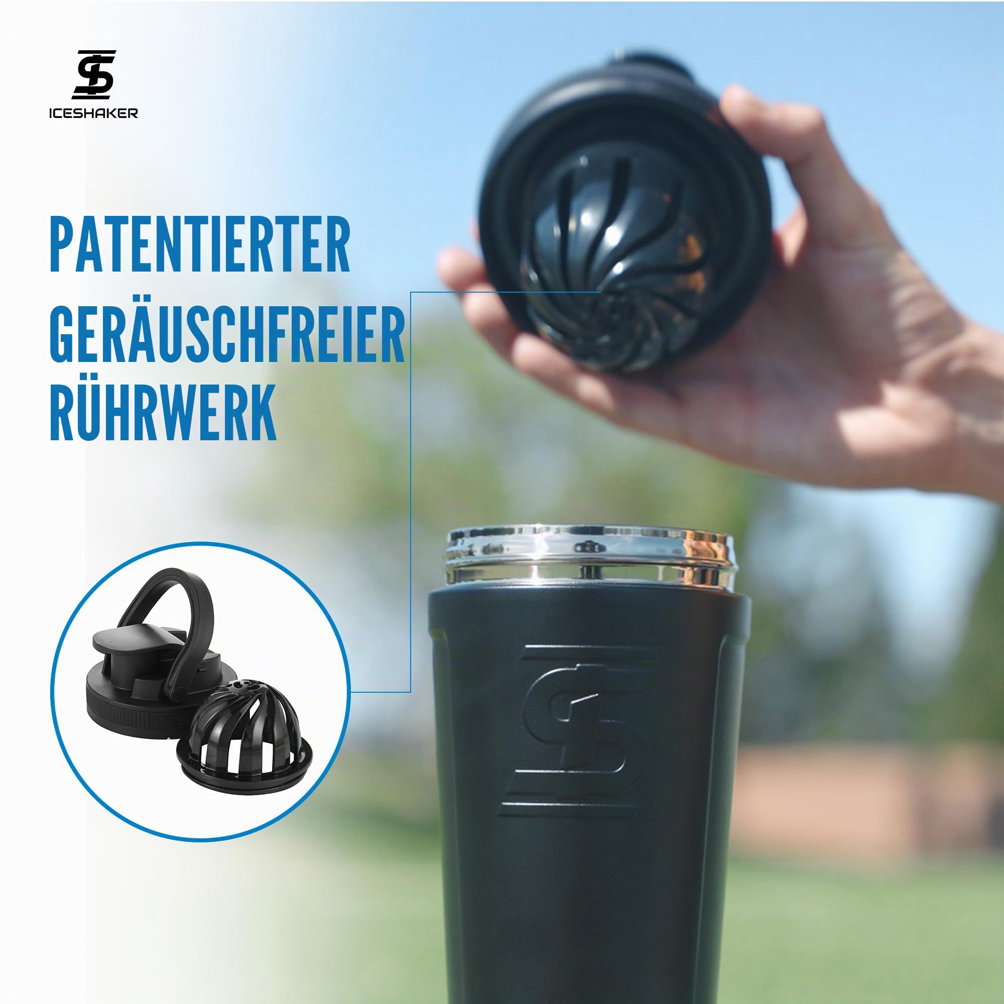 Ice Shaker Edelstahl Isolierte Wasserflasche Protein Mischbecher - Hält Eis für 30 + Stunden, wie auf Shark Tank Â € | 26oz Black - Schwarz Bands