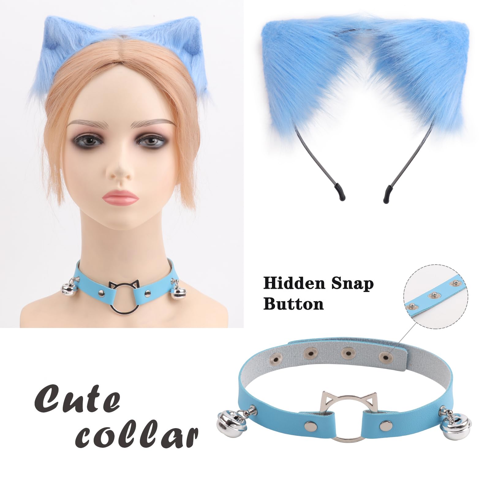 DRESHOW Fox Faux Fur Tail Cat Ears Headband Halloween Party Costume Neck choker Cosplay Set for Women, Faux Tail Set-17 Blue & White - Image 7