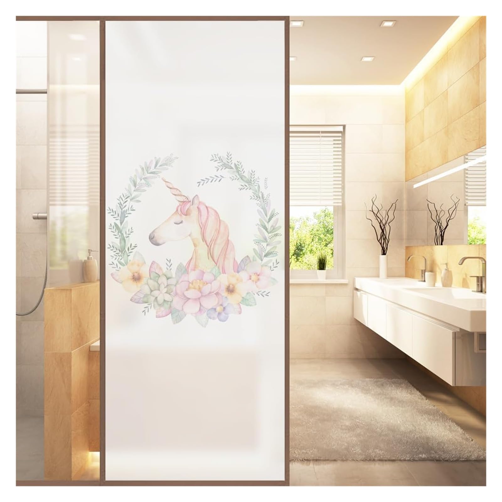 window film， Unicorn Pink Flower Privacy for Glass Windows Opaque Frosted Window bathroom Film)((58x120 cm))