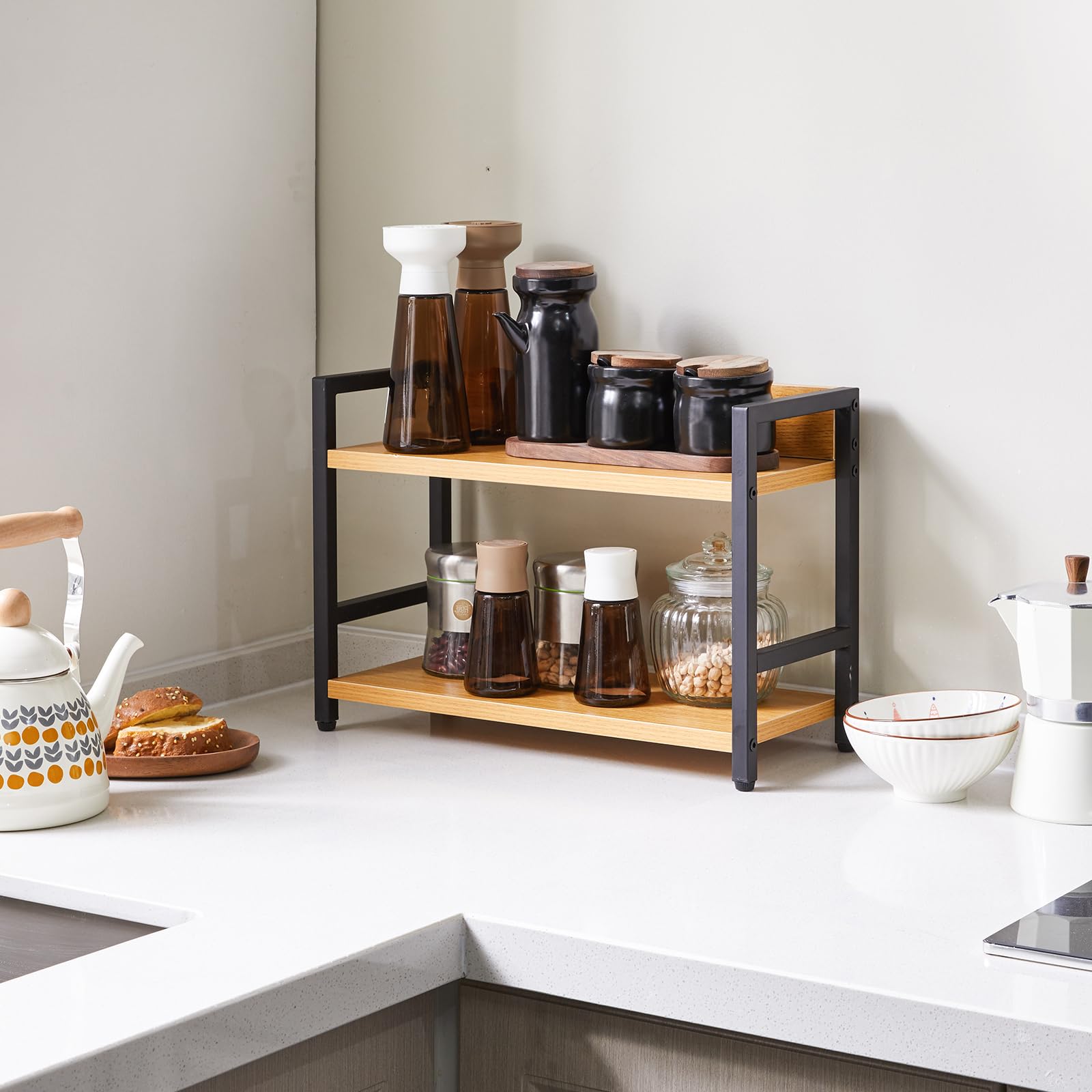 IBUYKE Étagère à épices,Rangement Cuisine à 2 niveaux,Natürlich TLJ002N | Rangement Epices cuisine Organisateur de bureau Pieds Réglables pour Salle à manger Bureau